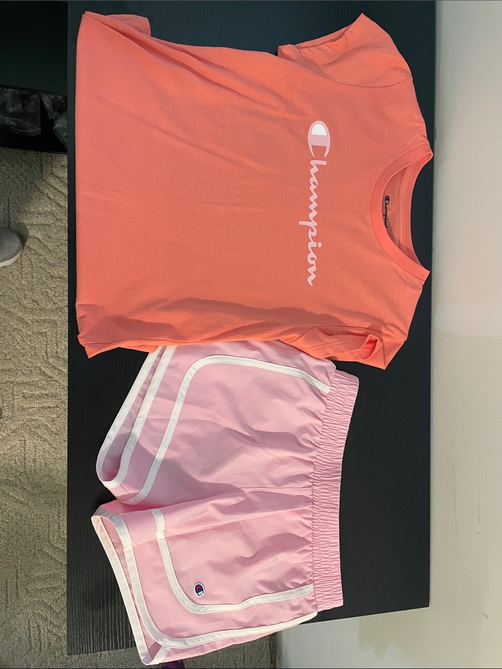 Champion Coral Logo Tee with Light Pink Athletic Shorts